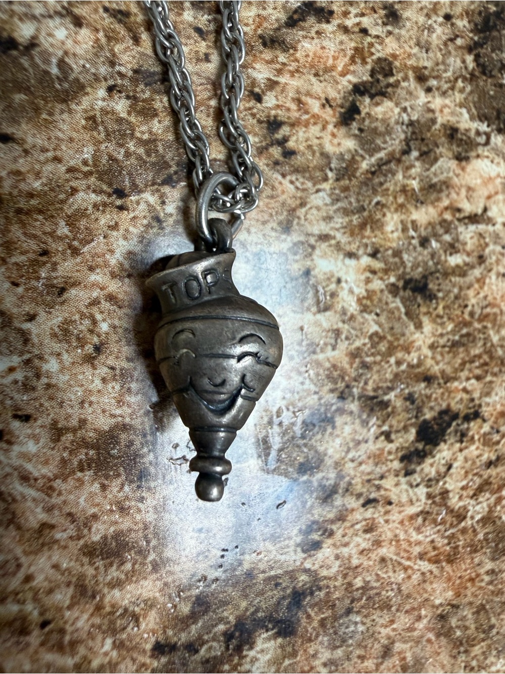 Vintage Spinning Top Face Pendant Necklace TOPS Figural Silver Tone Whimsical